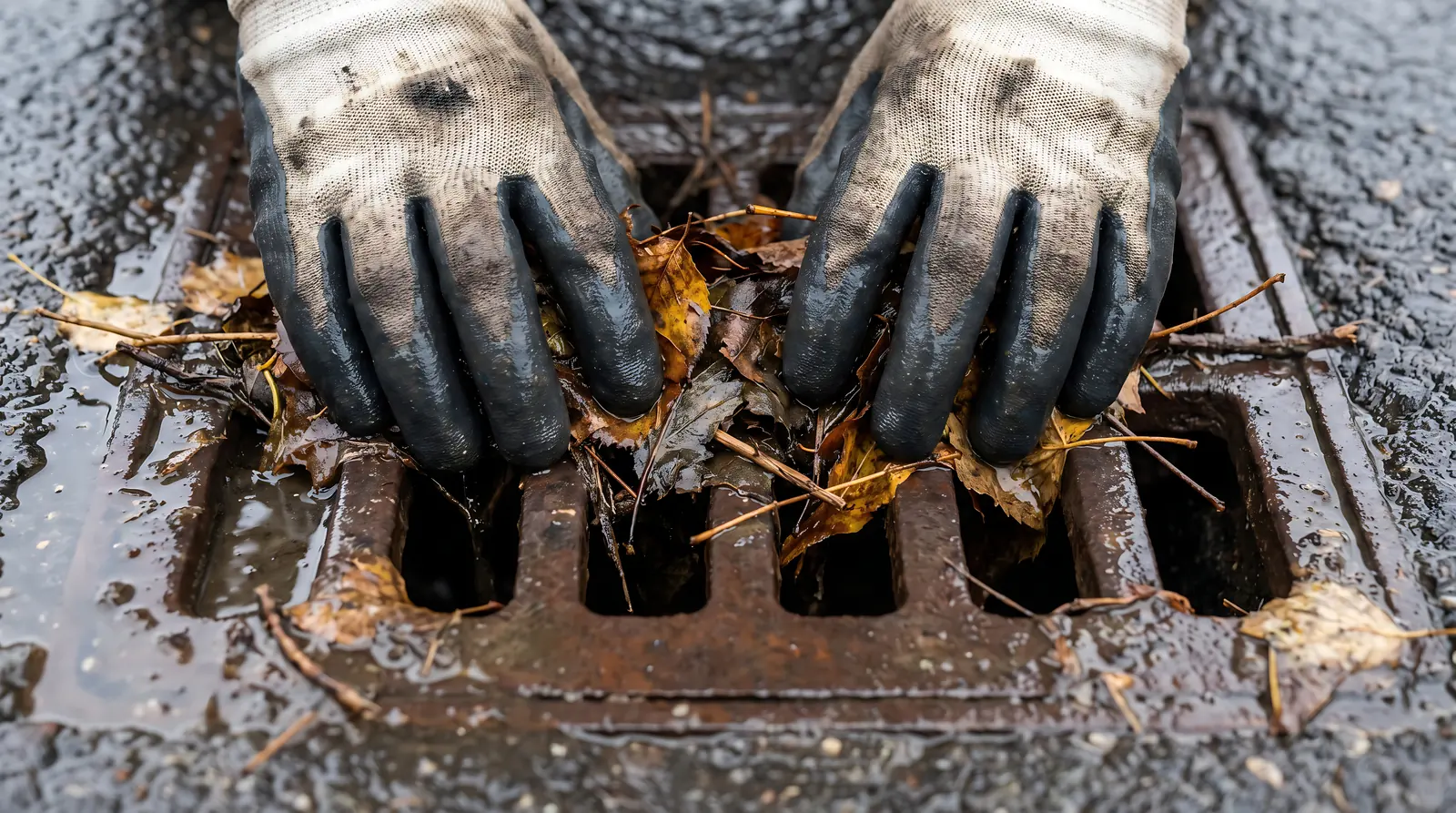 Nahaufnahme: Handschuhe am verstopften Gullyrost