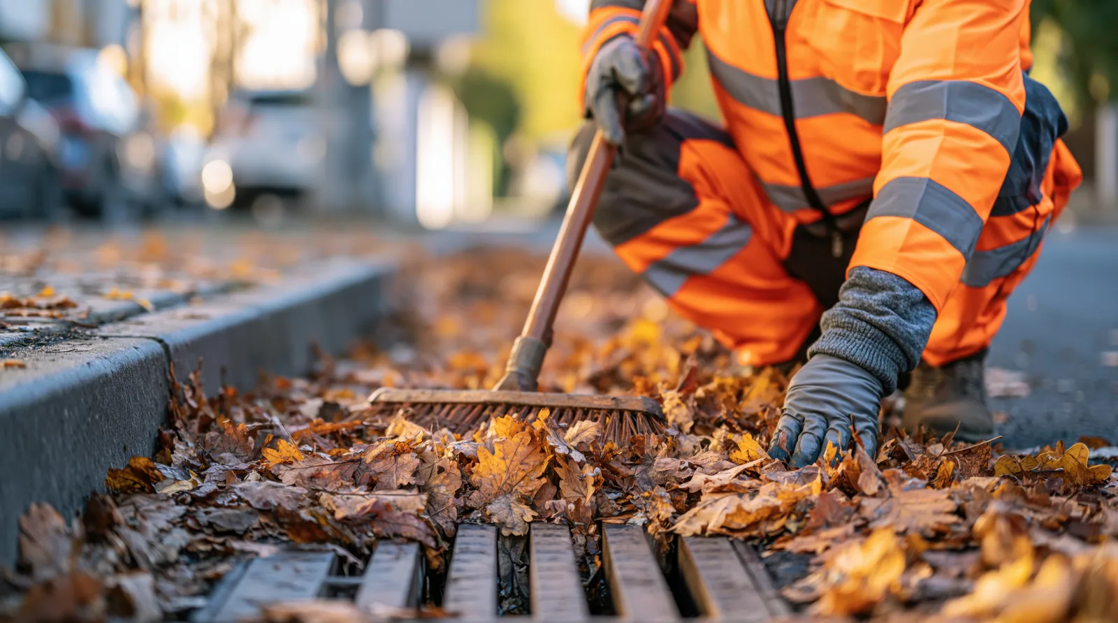 Mitarbeiter in Warnkleidung recht Herbstlaub vom Gullyrost