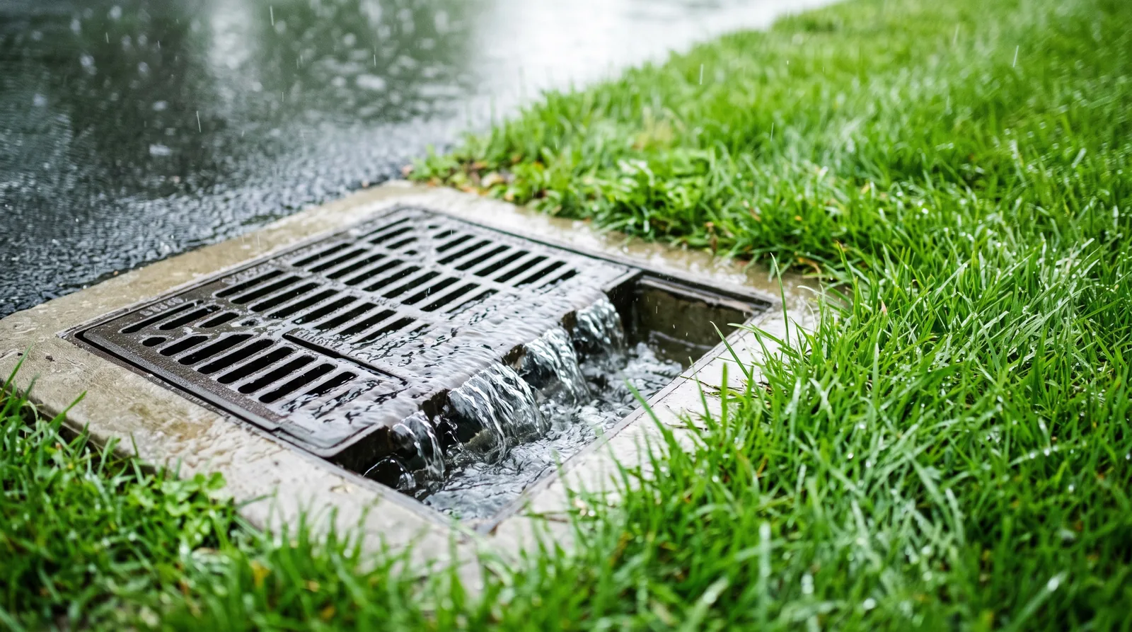 Ablauf im Rasen leitet Regenwasser ab