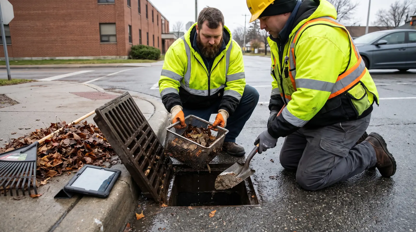 Zwei Mitarbeiter heben den Schlammeimer aus dem Sinkkasten