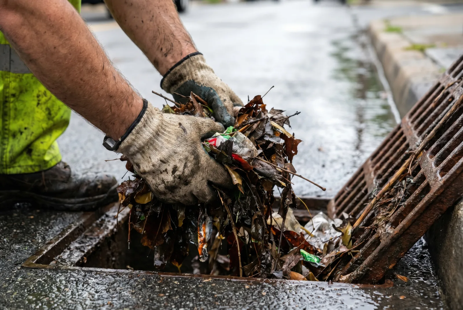Handschuhe entfernen Laub und Schmutz aus einem geöffneten Sinkkasten