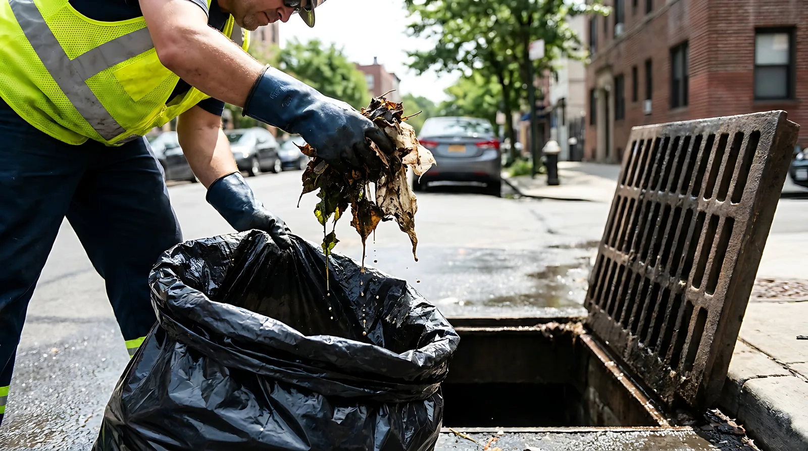 Inhalt des Sinkkastens wird in einen Sack gefüllt, Gullyrost abgehoben