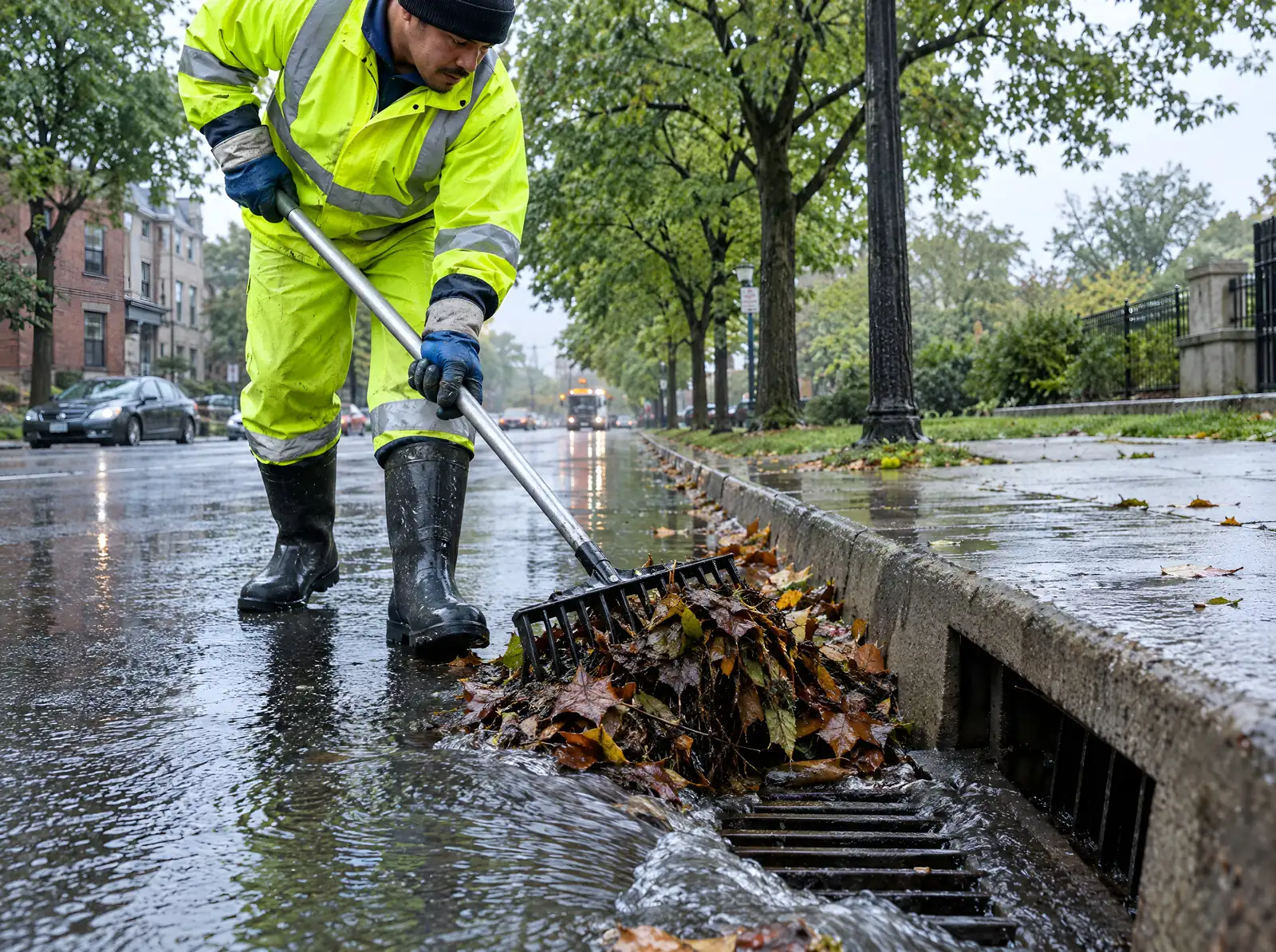 Mitarbeiter schiebt bei Regen Laub vom Straßenablauf